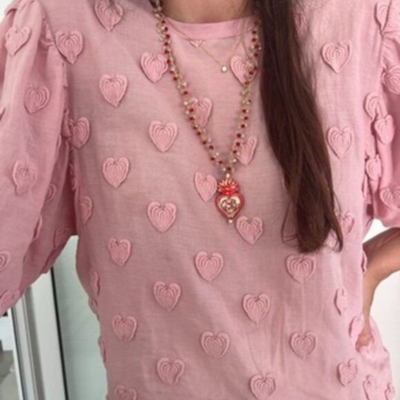 BIMBA Y LOLA Pink Heart Detailed 3/4 Sleeve Tee Cotton S - Picture 9 of 9
